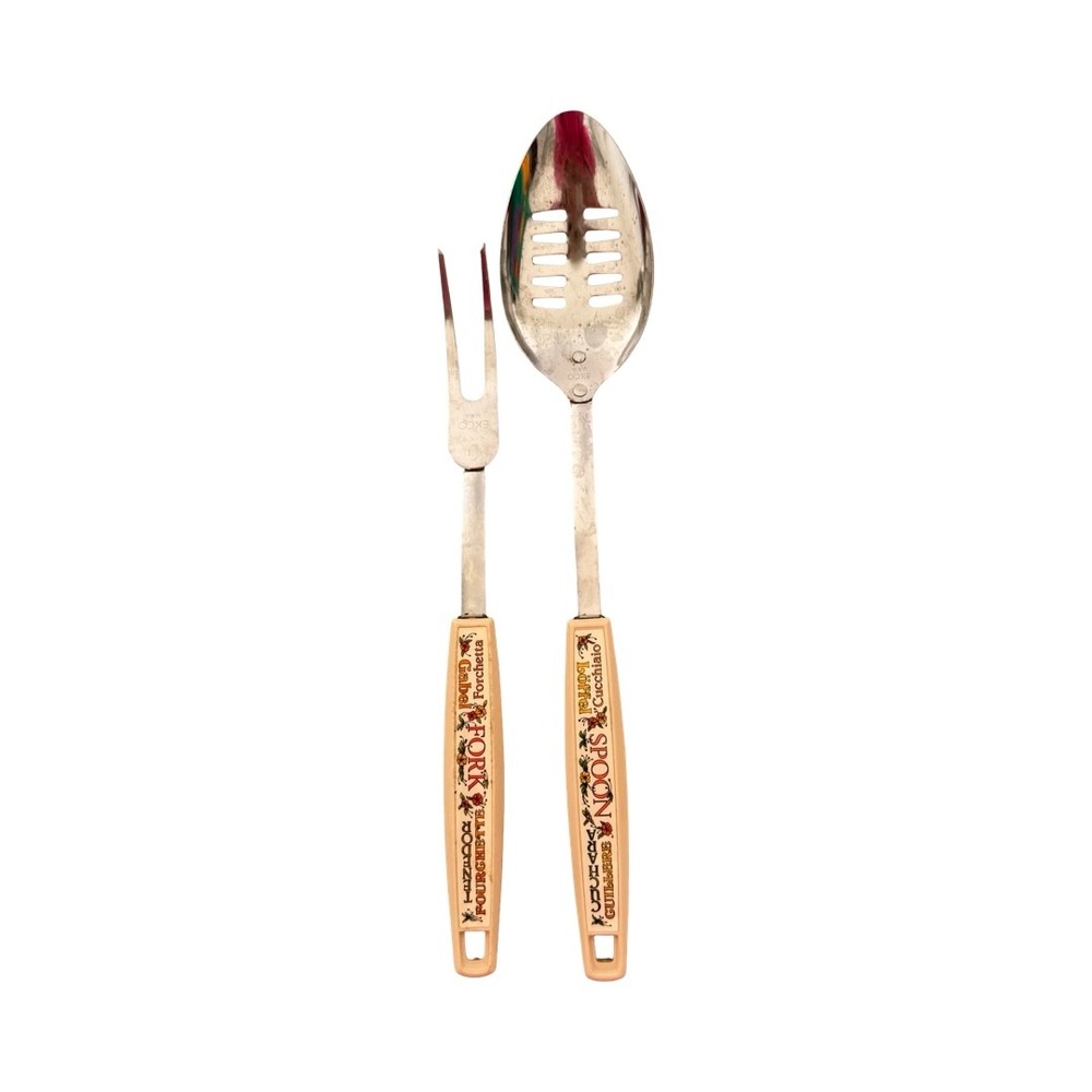 Vintage Ekco USA Slotted Spoon and Meat Fork Set Floral MCM Languages Handles